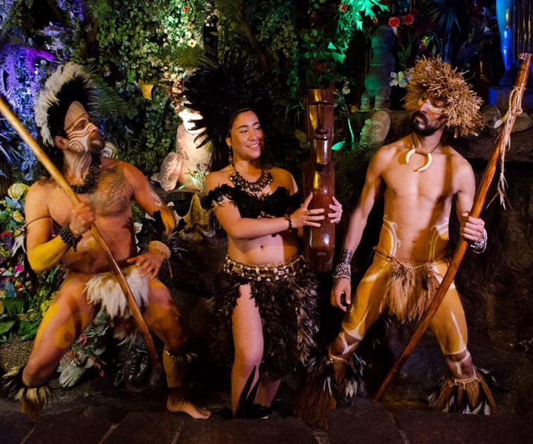Dinner Show in Bali Hai with Wine refill and transportation - Entering the Bali Hai Set, Moais, Sculptures, and Stage Light